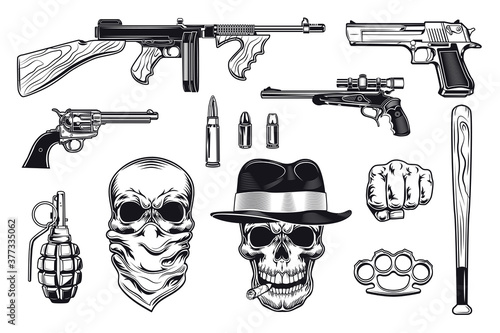 Black mafia and gangsters flat illustration set. Monochrome retro bandit skull, pistol, gun, revolver isolated vector illustration collection. Military and weapon concept