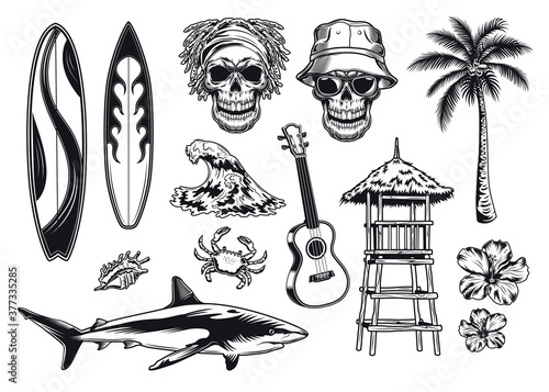 Vintage Hawaii club monochrome elements set. Black signs of surfing board, skulls, guitar and palm tree isolated on white background vector illustration collection. Sea and summer vacation concept