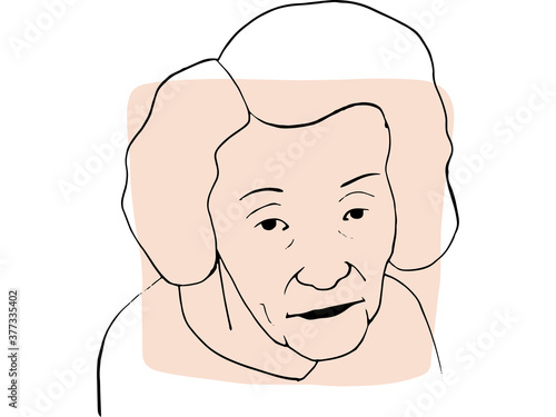 Hand-draw outline portrait of old woman with light beige sample color
