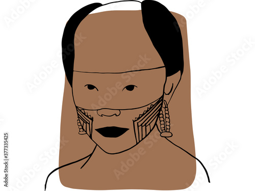 Hand-draw outline portrait of a tribal man with brown sample color