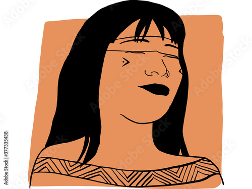 Hand-draw outline portrait of a tribal woman with orange sample color
