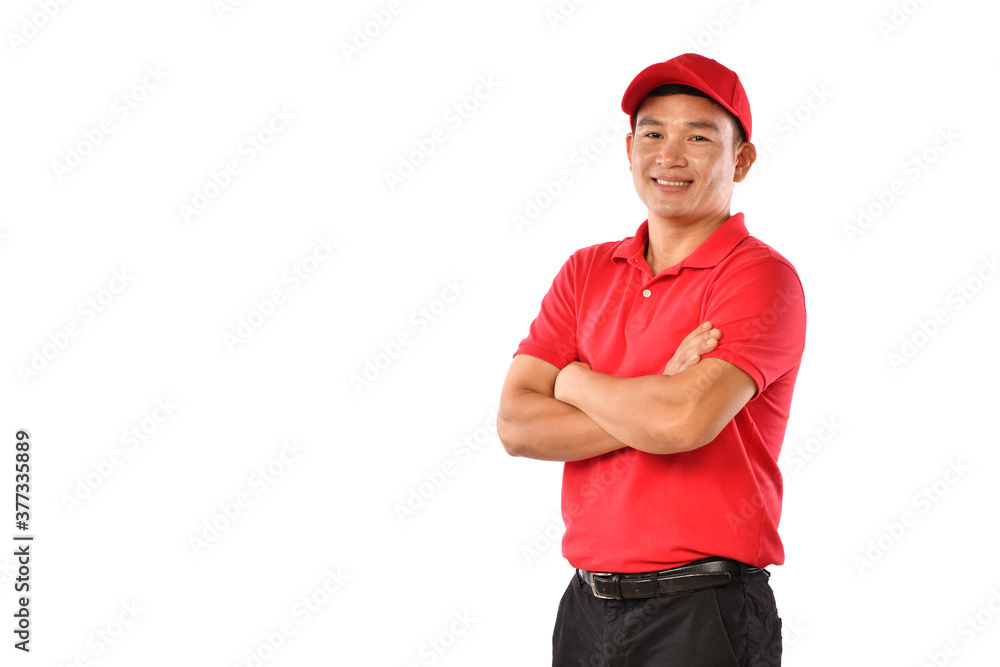 Portrait of Asian delivery man, messenger, empolyee, worker, service provider smiling and looking happy and welcome Portrait of Asian delivery man, messenger, empolyee, worker, service provider smiling and looking happy and welcome