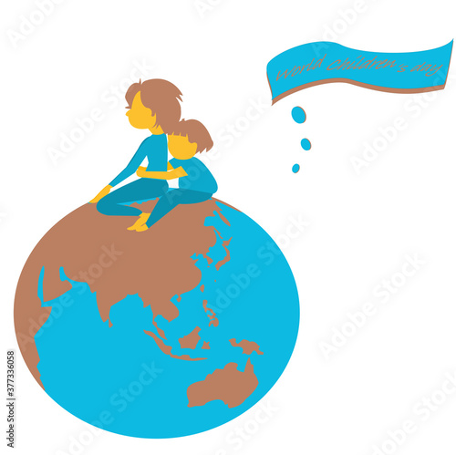 Cartoon two Children siblings on globe ,the planet Hugged their waist. Vector isolate illustration concept for World kids. International friendship day,World children’s day.Earth day