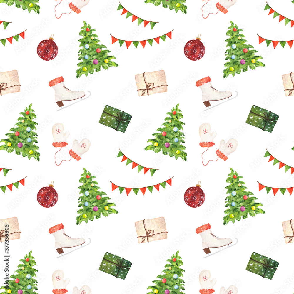 Watercolor seamless pattern with Christmas elements isolated on white background. Watercolor seamless pattern with Christmas elements isolated on white background.