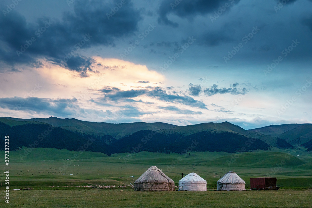 Yurts. Traditional dwelling of nomadic peoples. Traditional pasture in the mountains. Kazakhstan. Asy plateau