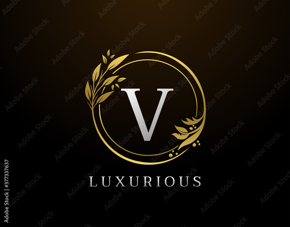 Obraz premium Elegant V Letter Floral Design. Circle Luxury V Gold Logo Icon.