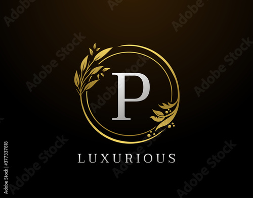 Elegant P Letter Floral Design. Circle Luxury P Gold Logo Icon.