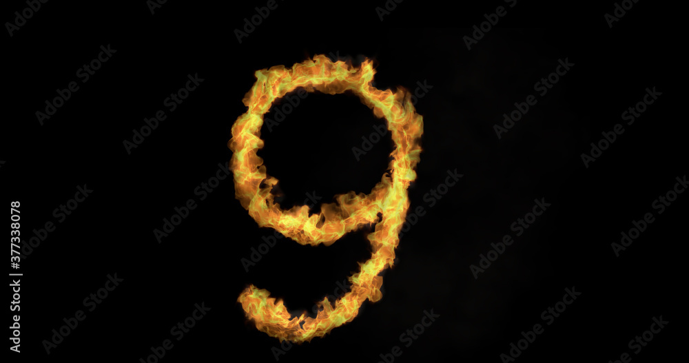Burning number nine on a black background