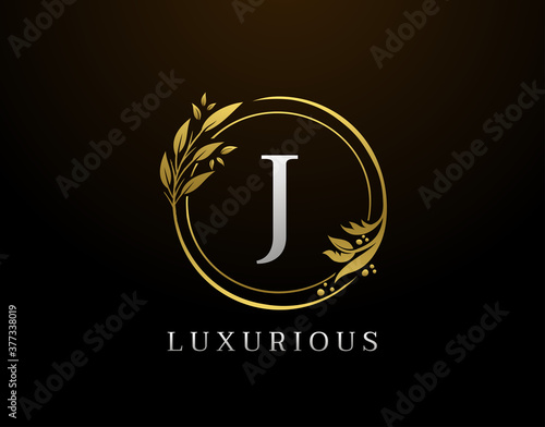 Elegant J Letter Floral Design. Circle Luxury J Gold Logo Icon.