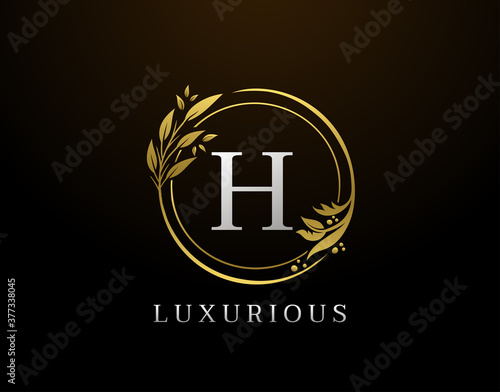 Elegant H Letter Floral Design. Circle Luxury H Gold Logo Icon.