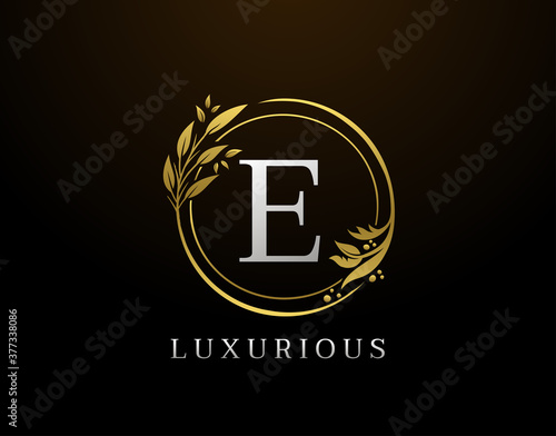 Elegant E Letter Floral Design. Circle Luxury E Gold Logo Icon.