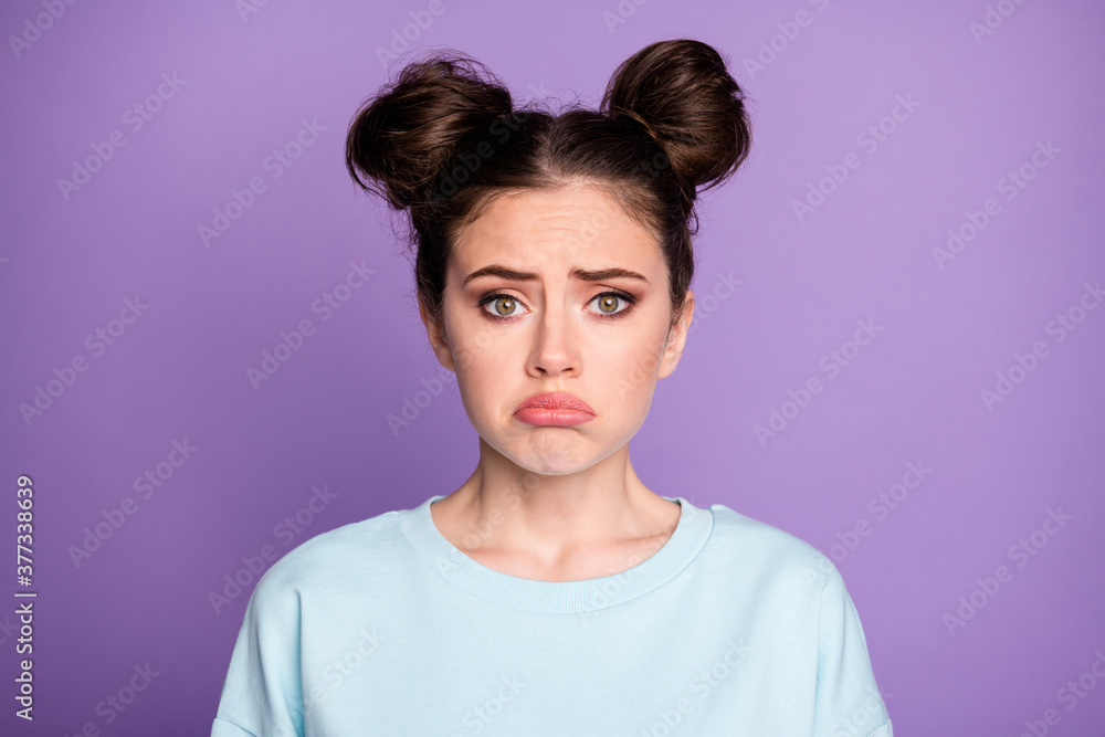 Portrait of upset frustrated girl teen hear horrible corona virus epidemic news cry wear good look clothes isolated over violet color background Portrait of upset frustrated girl teen hear horrible corona virus epidemic news cry wear good look clothes isolated over violet color background