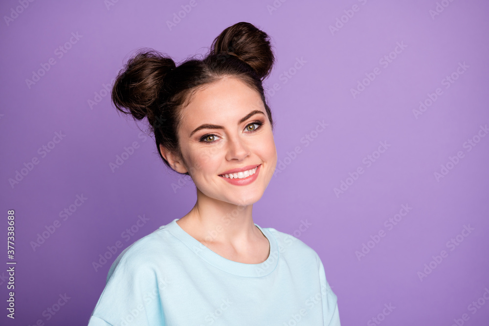 Fototapeta premium Portrait of nice pretty millennial lady look toothy smile enjoy autumn weekend holiday wear casual style clothes isolated over vivid color background