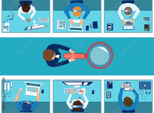 Vector of office cubicles with employees working on computers and manager supervising them in the middle