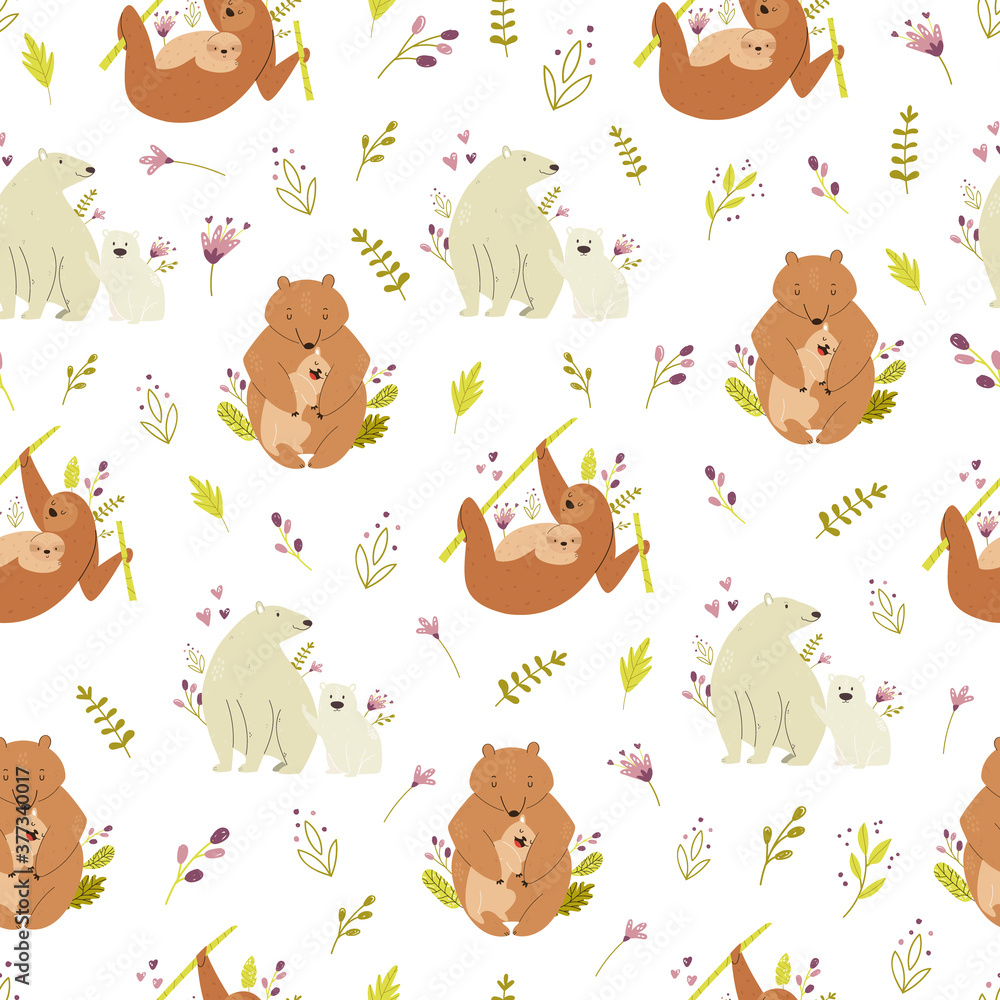 Seamless pattern with cute animals families polar and brown bears, sloth.