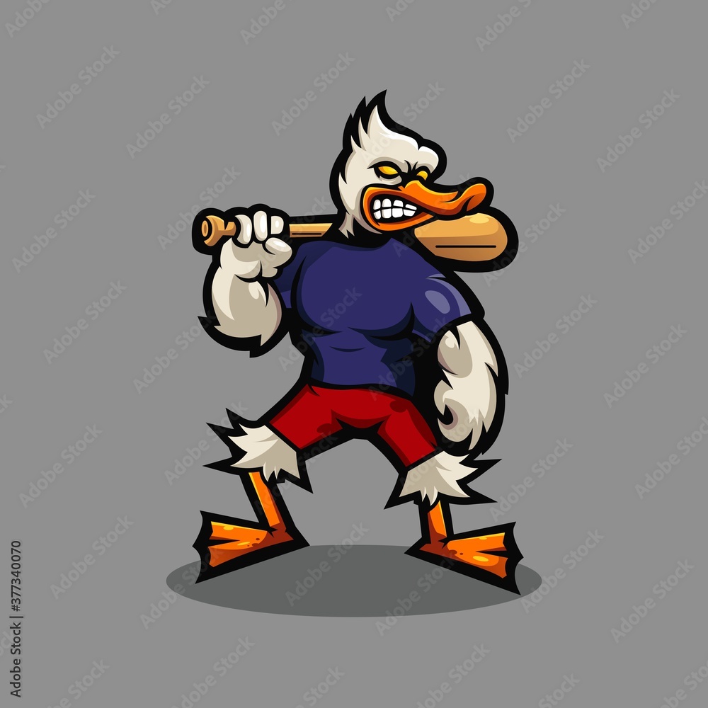 Duck mascot logo design vector with modern illustration concept style for badge, emblem and t shirt printing. illustration of a duck carrying a baseball stick Duck mascot logo design vector with modern illustration concept style for badge, emblem and t shirt printing. illustration of a duck carrying a baseball stick