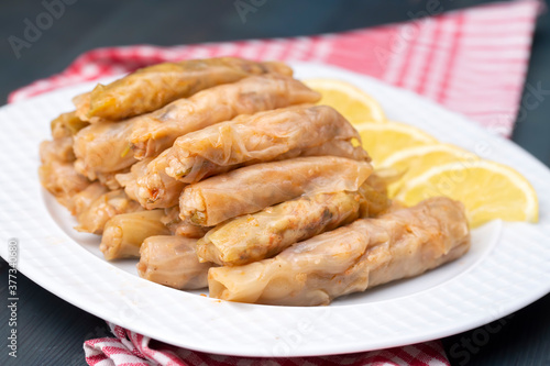 Lahana Sarma, Turkish traditional food,a boiled cabbage leaf that is formed into a roll with a stuffing of rice