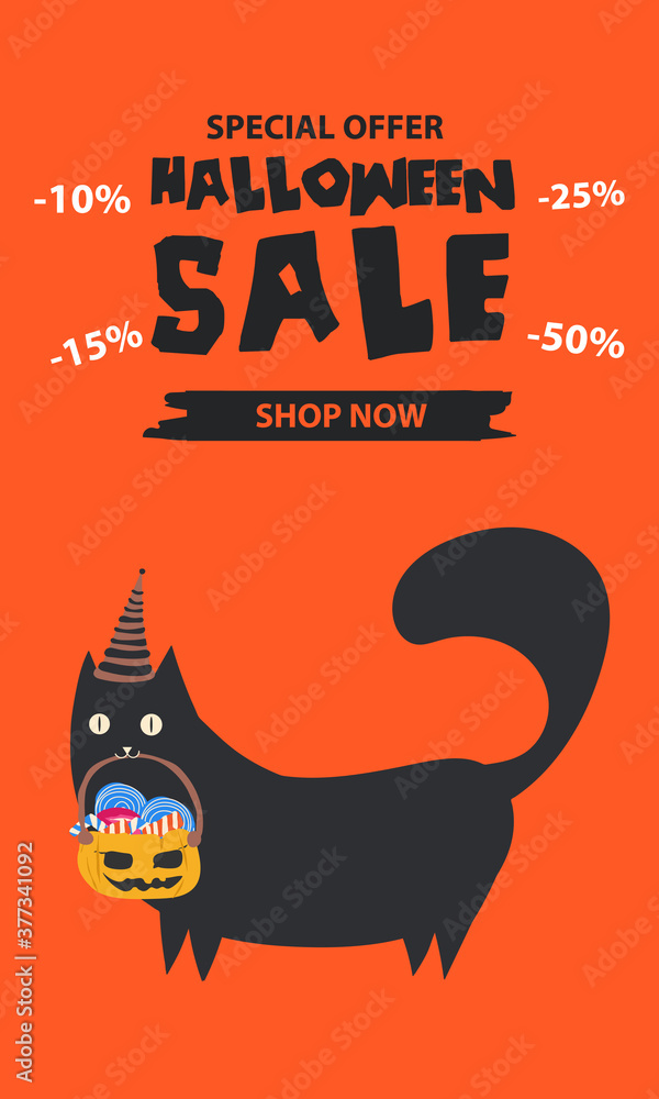 Obraz premium Halloween sale banner. Halloween background with pumpkin, zombie, monster, witch, black cats and candy . Invitation flyer or template for a Halloween party. silhouette Vector illustration.