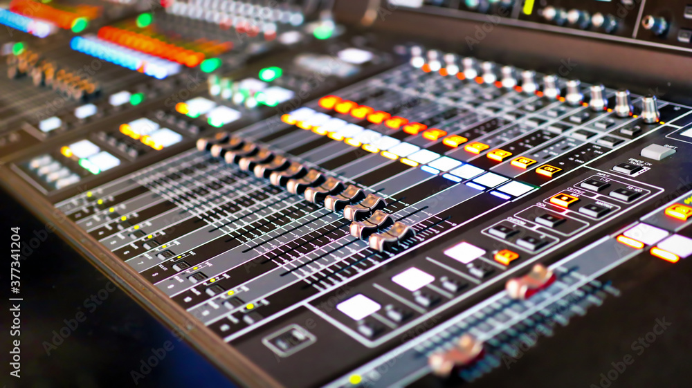 close ups on studio mixers used for media and events directing and recording studio, all logos and trademarks were cloned out.