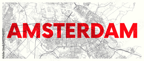 City map Amsterdam, detailed road plan widescreen vector poster