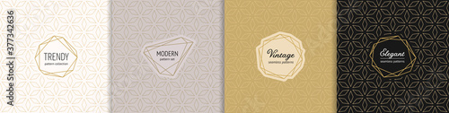 Vector golden geometric seamless patterns with modern minimal labels. Elegant floral ornament. Subtle gold textures set with linear flower shapes. Art deco style. Trendy background. Premium design