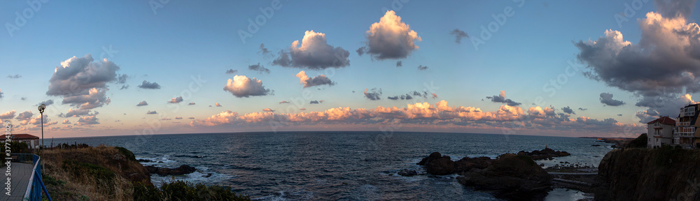 Before sunset. Panoramic view from the Coastal Alley. Southern Black Sea coast. Ahtopol, Bulgaria. Before sunset. Panoramic view from the Coastal Alley. Southern Black Sea coast. Ahtopol, Bulgaria.