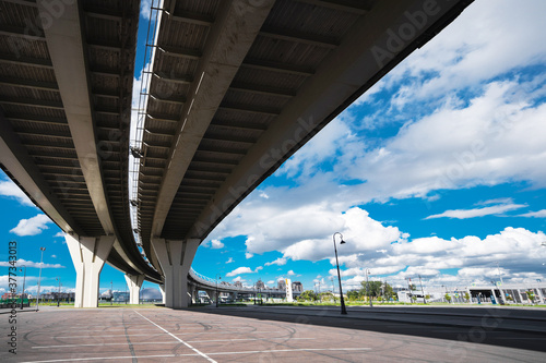Metal structure of the bridge, photo from the bottom of the automobile bridge