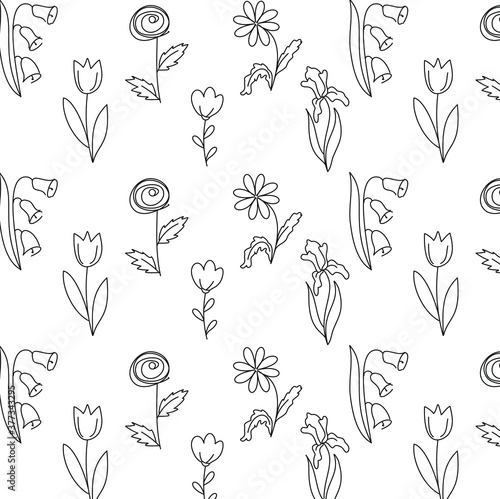 Line art flowers pattern vector Doodle hand drawn floral background 