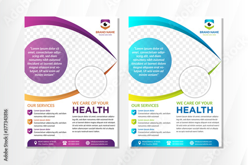eye health care flyer design template with vertical layout. Eye shape space for photo collage. white background wiht purple, blue, green and gold element . 
