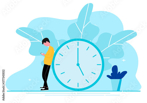 Flat design man using phone character with elements around Vector