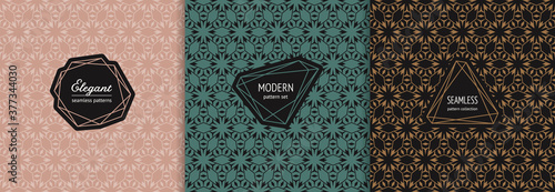 Vector geometric seamless pattern collection with stylish minimal labels. Elegant texture in Oriental style with grid, lattice, mesh, thin lines. Trendy luxury background. Decorative design template