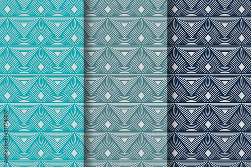Set of abstract geometric seamless pattern design template. the component of patterns are cirlce, line, and square shape in light grey.  Isolated on variant blue background.