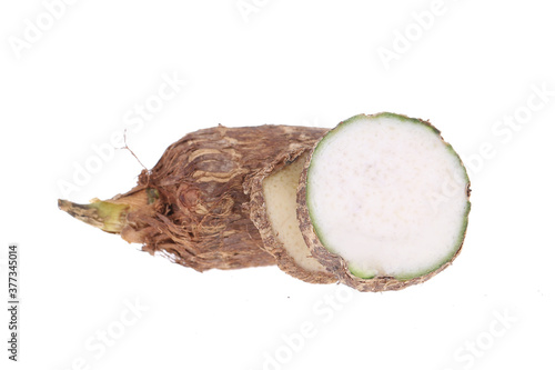 Group of sweet taro root isolated on white background arbi or Aravi roots with one cut in cross sections photo