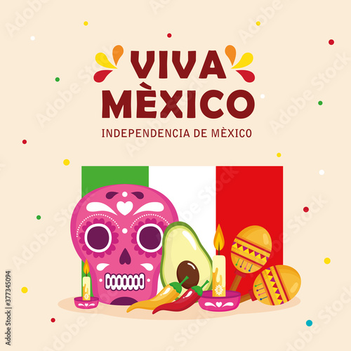 viva mexico, happy independence day, 16 of september with flag and traditional icons decorations vector illustration design
