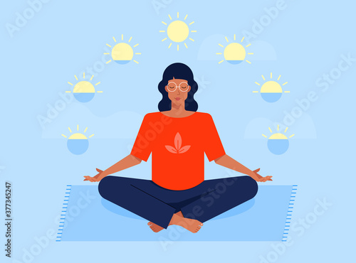 Vector illustration with woman siting in yoga lotus pose and meditates.