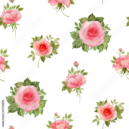 Seamless pattern of beautiful roses drawn by paints with buds and foliage