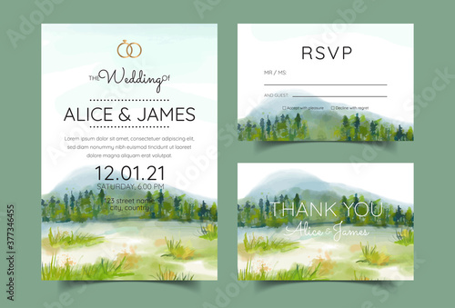 wedding invitation cards with pine forest landscape watercolor
