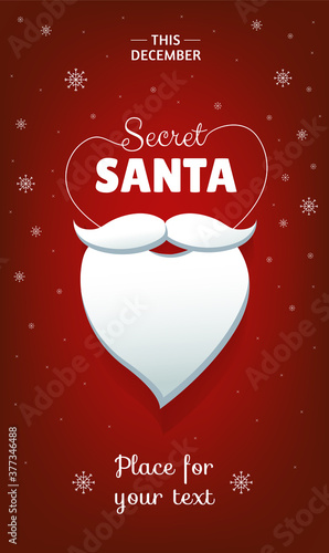 Secret Santa banner design template with white beard and snowflakes on red background. - Vector illustration