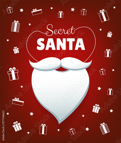 Secret Santa banner design with white beard and gifts on red background. Anonymous gift exchange for Christmas