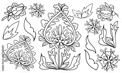 set of amazing floral elements plant bud coloring isolate on white background illustration for book black and white image with herbal elements anti stress vector graphics print f doodle sketch