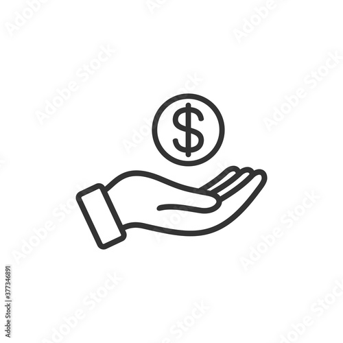 save money icon, hand holding dollar coin, line symbols, vector illustration 