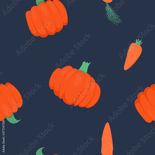 Seamless pattern with bright pumpkins and carrots on dark background. For fall decoration, autumn fest invitations, fabric, kitchen textile and halloween print, gift and wrapping paper.