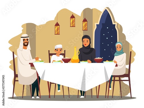 Happy arab muslim family eating dinner at table. Arabian man and woman in hijab with children at home sitting and having dinner together smiling. Family love concept vector