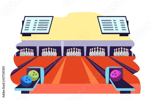 Bowling club interior background scene. Lanes with tenpins and skittles, balls for playing sport. Recreation and hobby vector illustration. Night entertainment, fun leisure activity