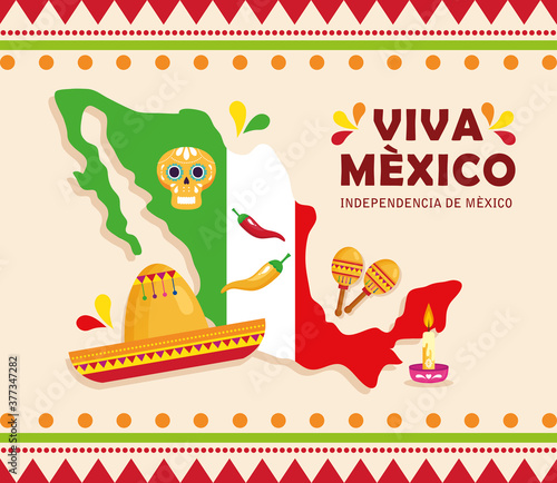 viva mexico, happy independence day, 16 of september and map with traditional icons decorations vector illustration design