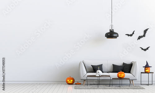 3D render Halloween party in living room with pumpkins, jack-o-lantern