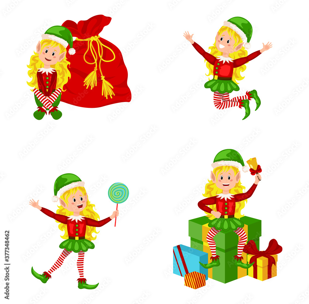 Set of cute playful Christmas elves. Collection of cute Santa Claus helpers. Merry Xmas design element. New Year Set of cute playful Christmas elves. Collection of cute Santa Claus helpers. Merry Xmas design element. New Year
