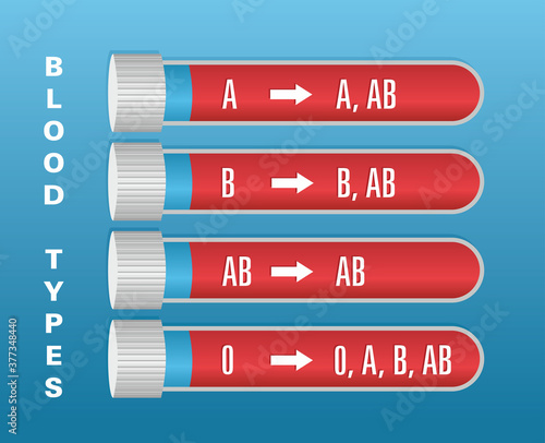 Blood groups, types on glass tubes. Vector illustration.