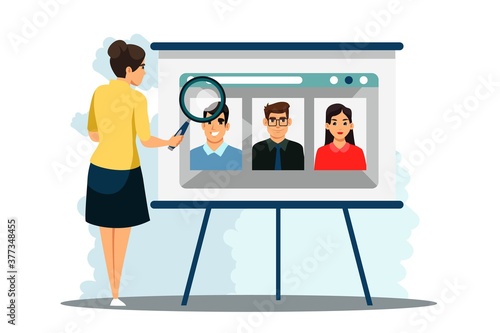 Woman seraching people for recruit in business team. Businesswoman looking for partners on webpage with magnifying glass. Modern development in office metaphor vector illustration