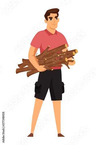 Man camping, holding firewood for campfire. Guy traveling on adventure, trekking stopping to make bonfire with logs. Tourist outdoor scene vector illustration. Male character on white background